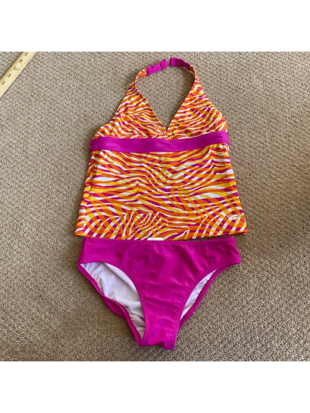 Speedo Swimsuit Girls 14 2 Piece Tankini Halter Top Pink Orange Bathing‎ Suit
